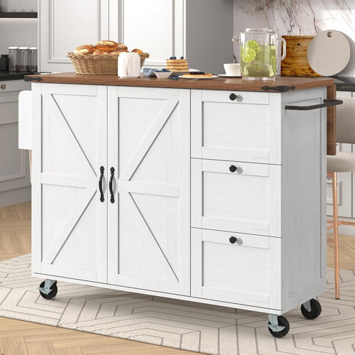 Kitchen Island Cart with Extendable Worktop, 2 Door Cabinet & 3 Drawers