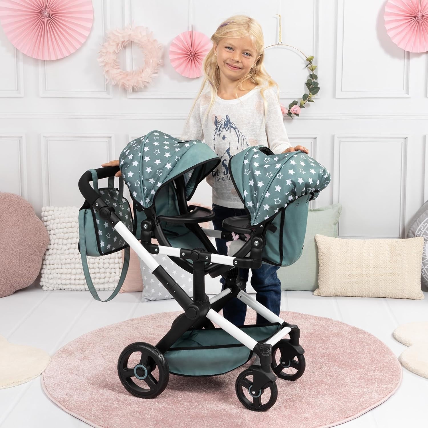 Twin Doll Pram Tandem Stroller Adjustable Reversible Handle Bag Green
