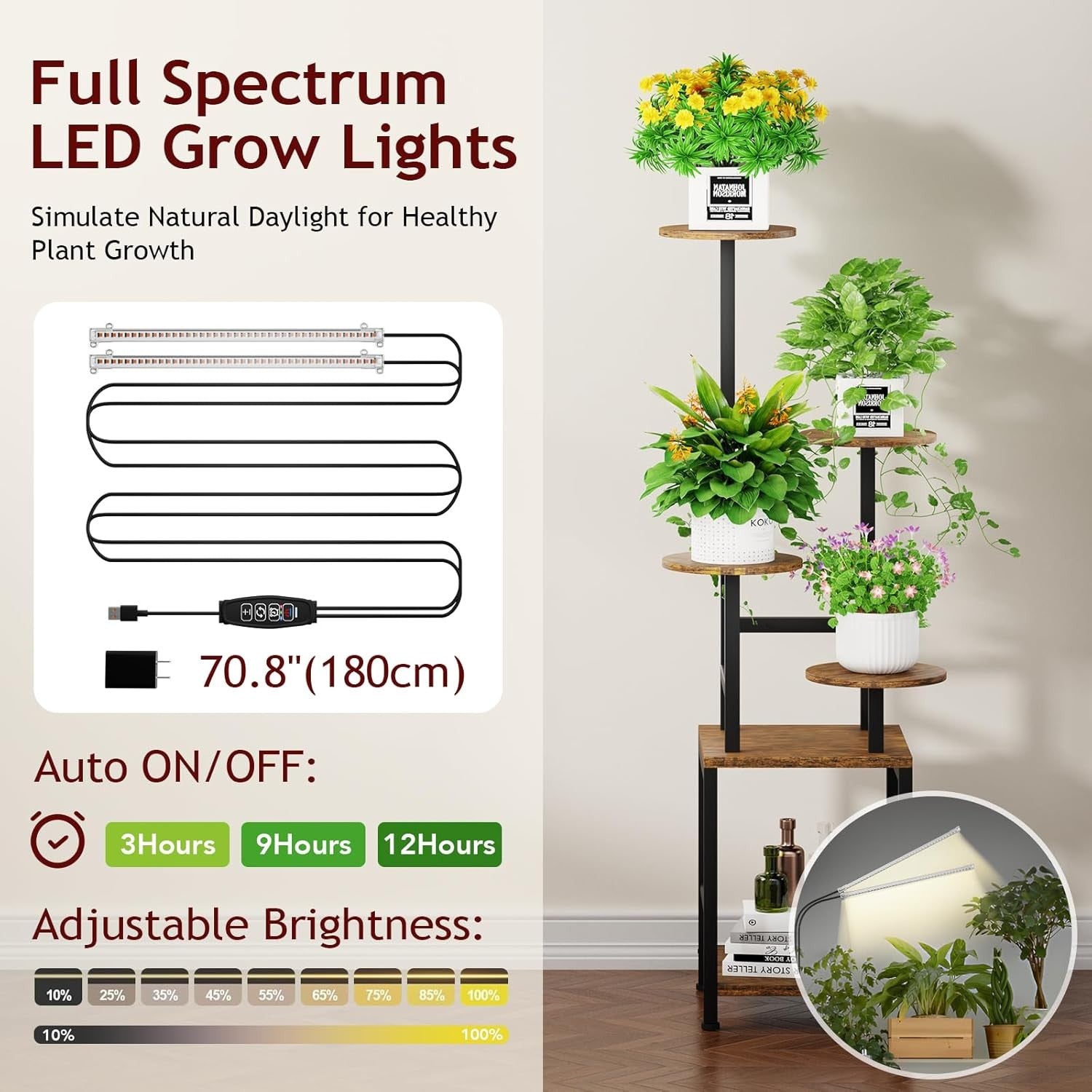 5-Tier Metal Plant Stand with Adjustable LED Grow Light | Indoor Corner Shelf