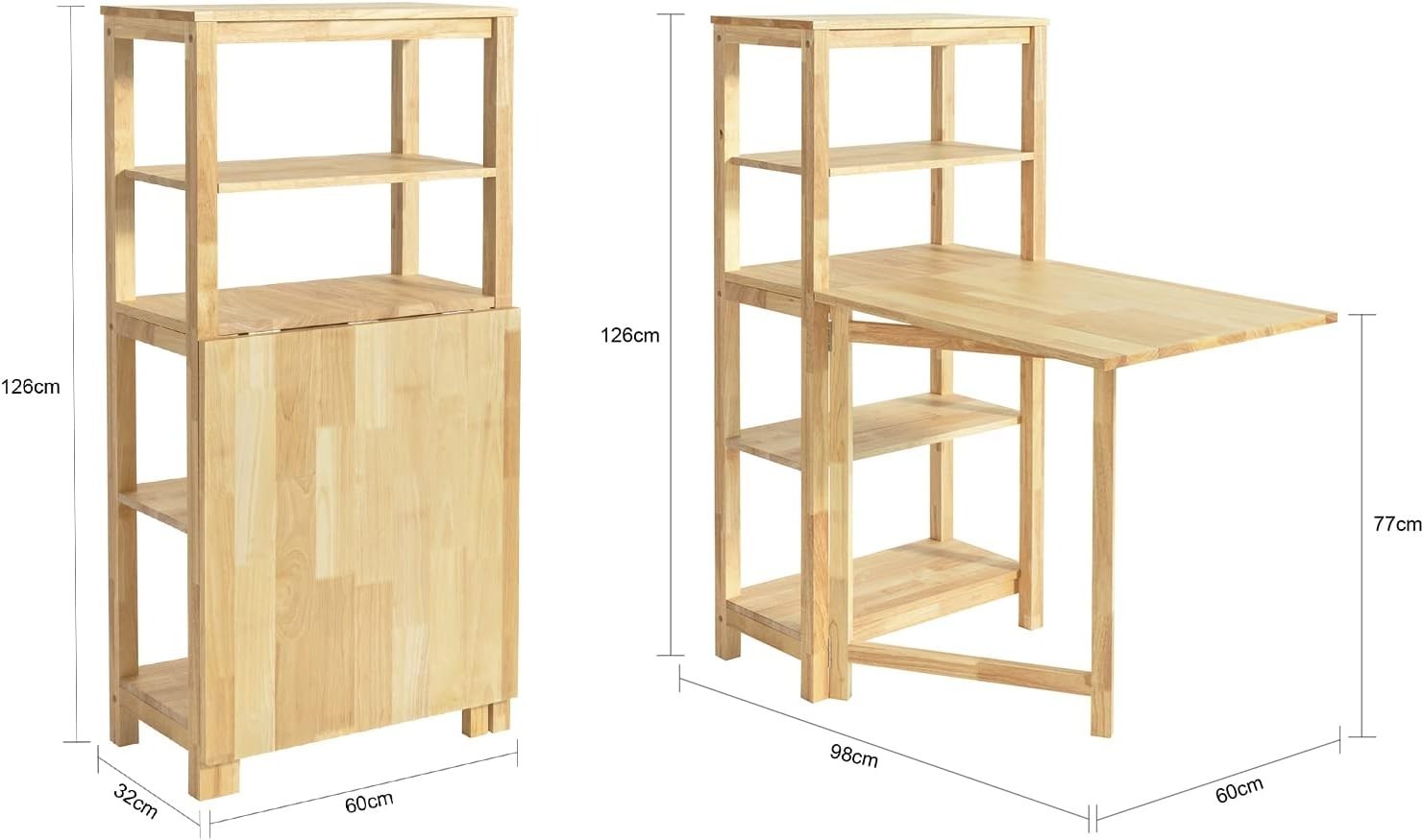 Folding Dining Table with 5 Storage Shelves Rubber Wood Kitchen Table