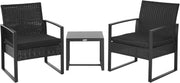 Black Rattan Patio Bistro Set 3PC Cushioned Chairs Glass Coffee Table