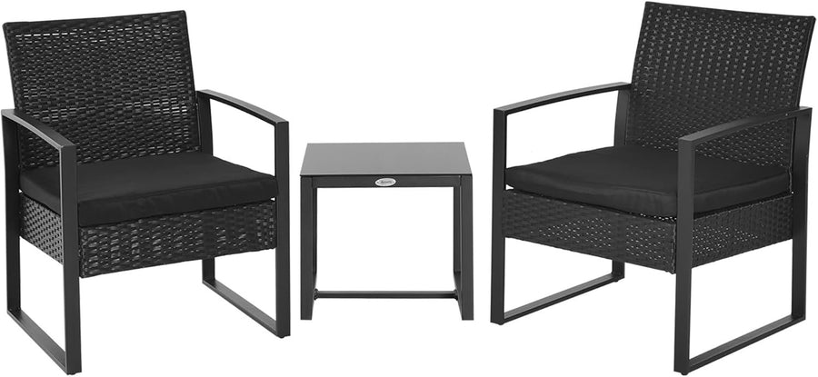 Black Rattan Patio Bistro Set 3PC Cushioned Chairs Glass Coffee Table