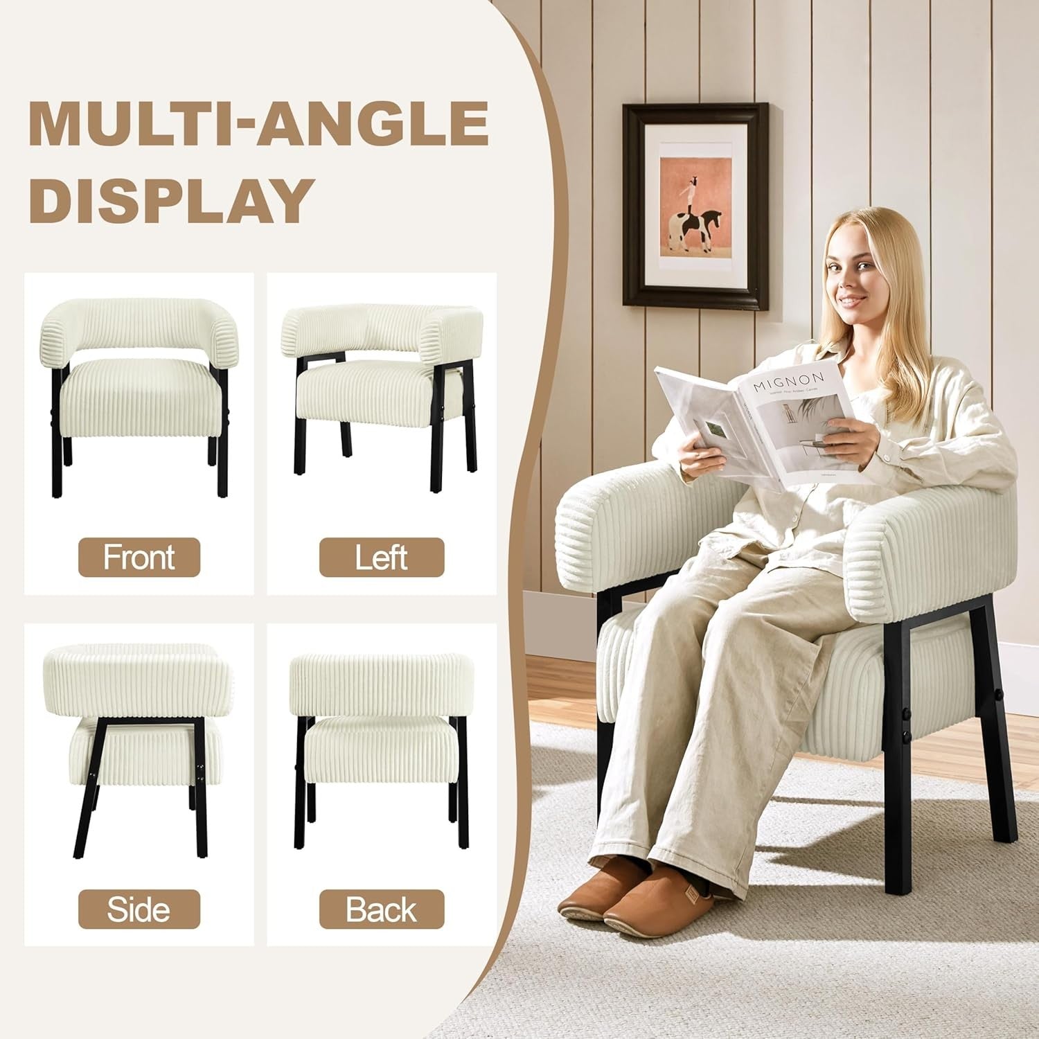 Corduroy Tub Chair Accent Armchair with Pocket Beige