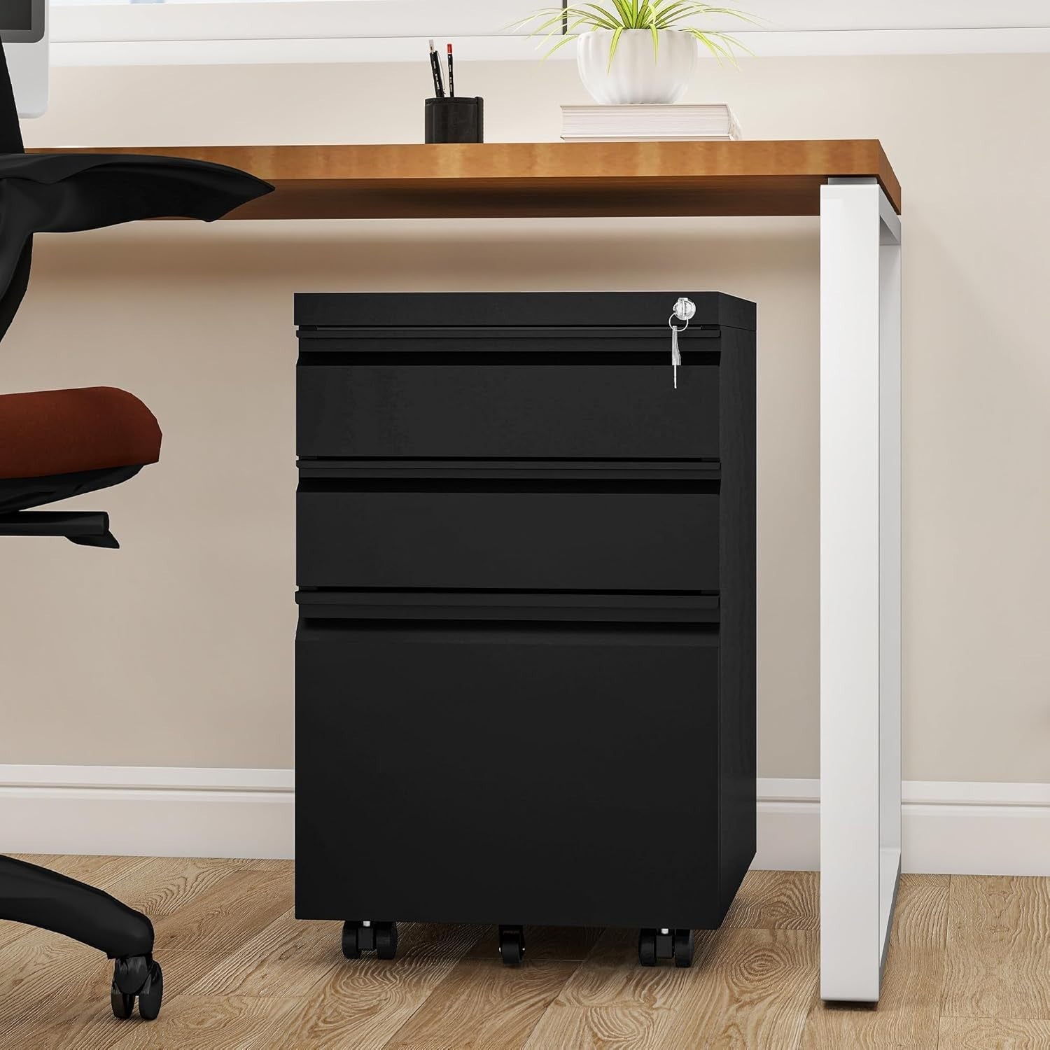 Black Locking Steel File Cabinet 3 Drawer Rolling Under Desk Storage