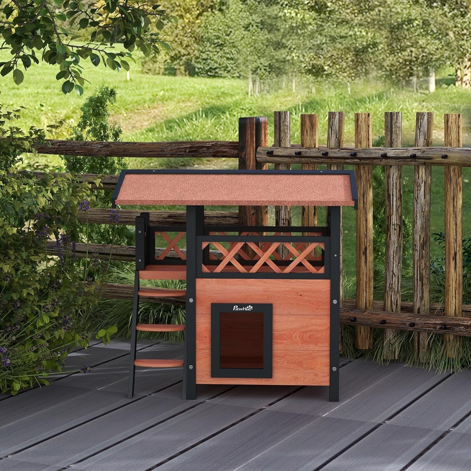 Outdoor Two-Tier Wooden Cat House with Balcony & Asphalt Roof, Weatherproof