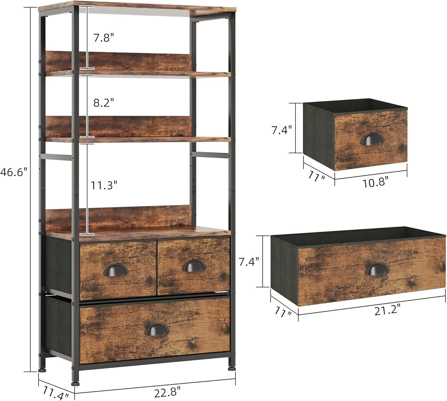 4 Tier Rustic Bookshelf with 3 Drawers Industrial Storage Cabinet Shelves Brown