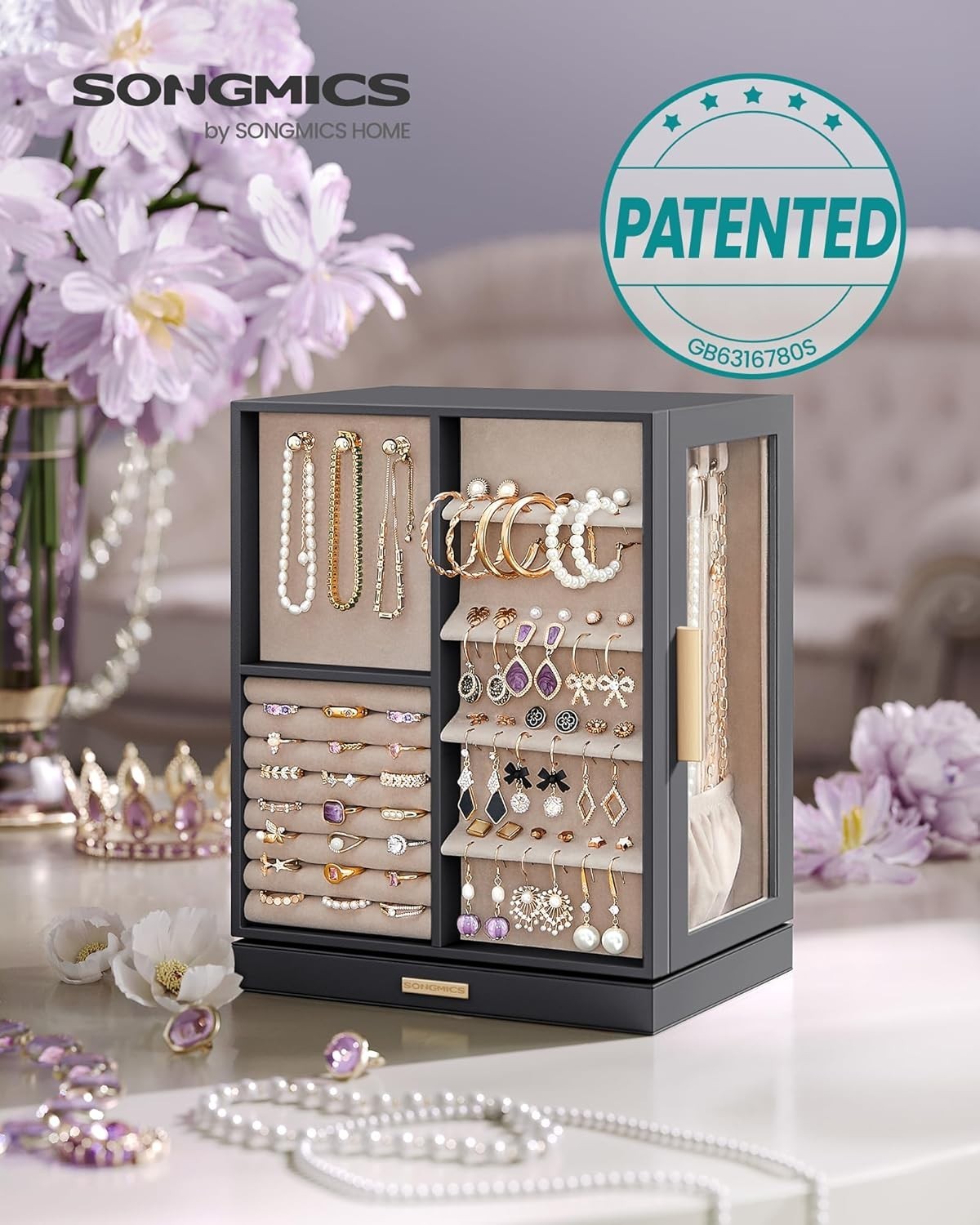 Slate Grey 360° Rotating Jewellery Box Vertical Organizer with Drawers