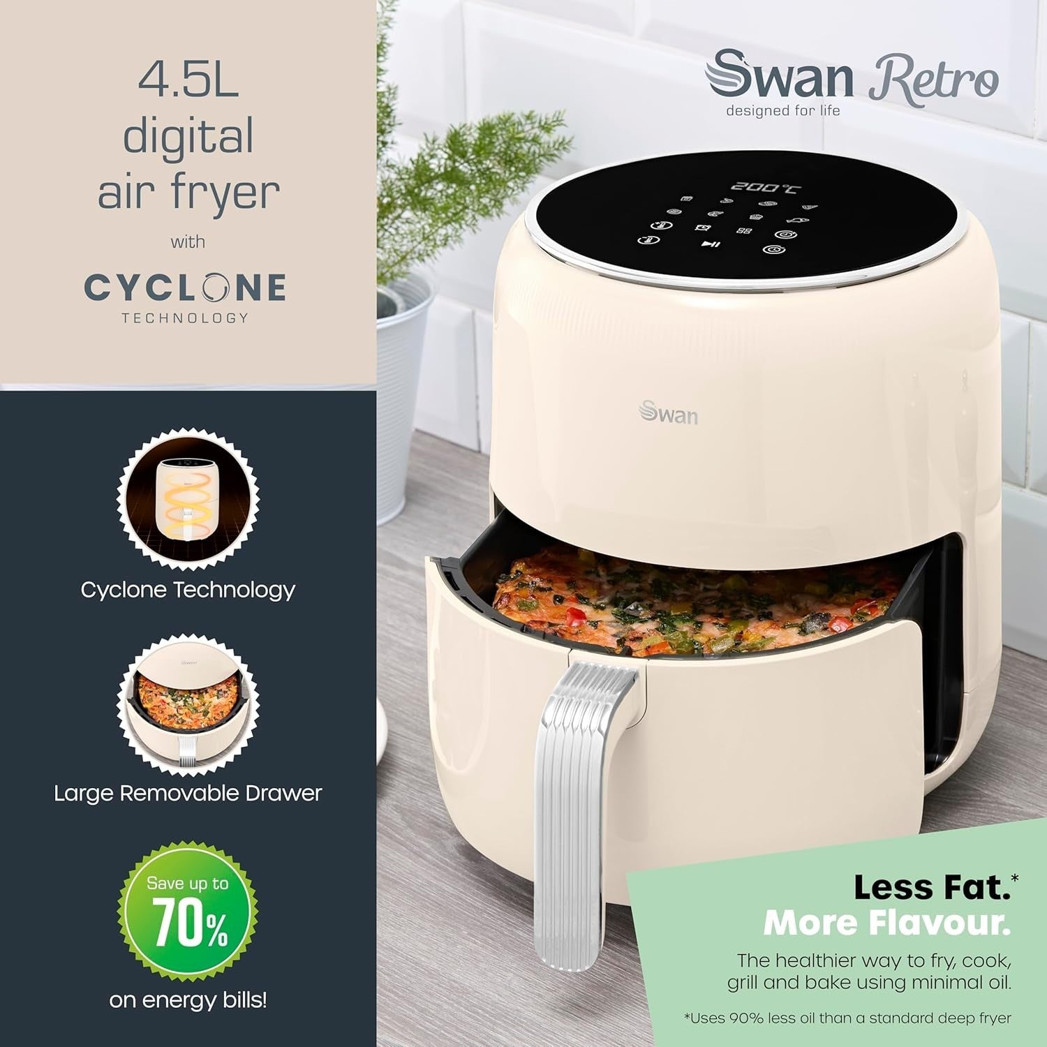 4.5L Digital Air Fryer 1500W  Retro Cream | 8 Presets | Healthy Oil-Free Cooking