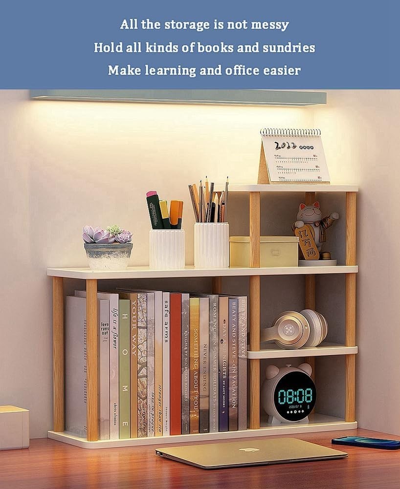 Desktop Wooden Bookcase Organizer Shelf – 2-Tier Desk Storage Rack, Large Capaci