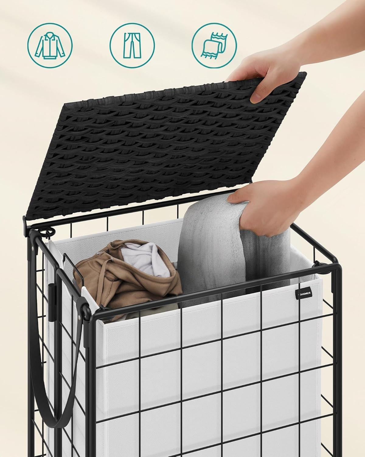 Rolling Laundry Basket with Lid & Wheels 46x33x65cm Removable Bag Trolley