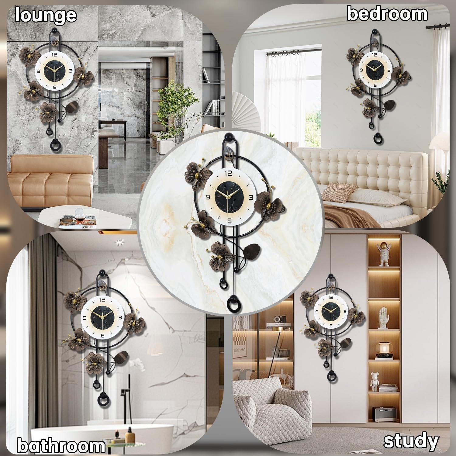 Large 75cm Wall Clock Modern Metal Floral Design Silent Quartz Pendulum White