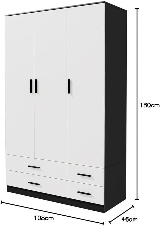3 Door 4 Drawer Wardrobe Hanging Rail Bedroom Storage Black & White Unit