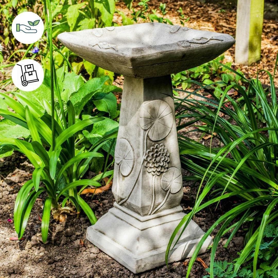 Heavy Stone Bird Bath 70kg Square Bowl | Garden Pedestal Ornament Outdoor Decor