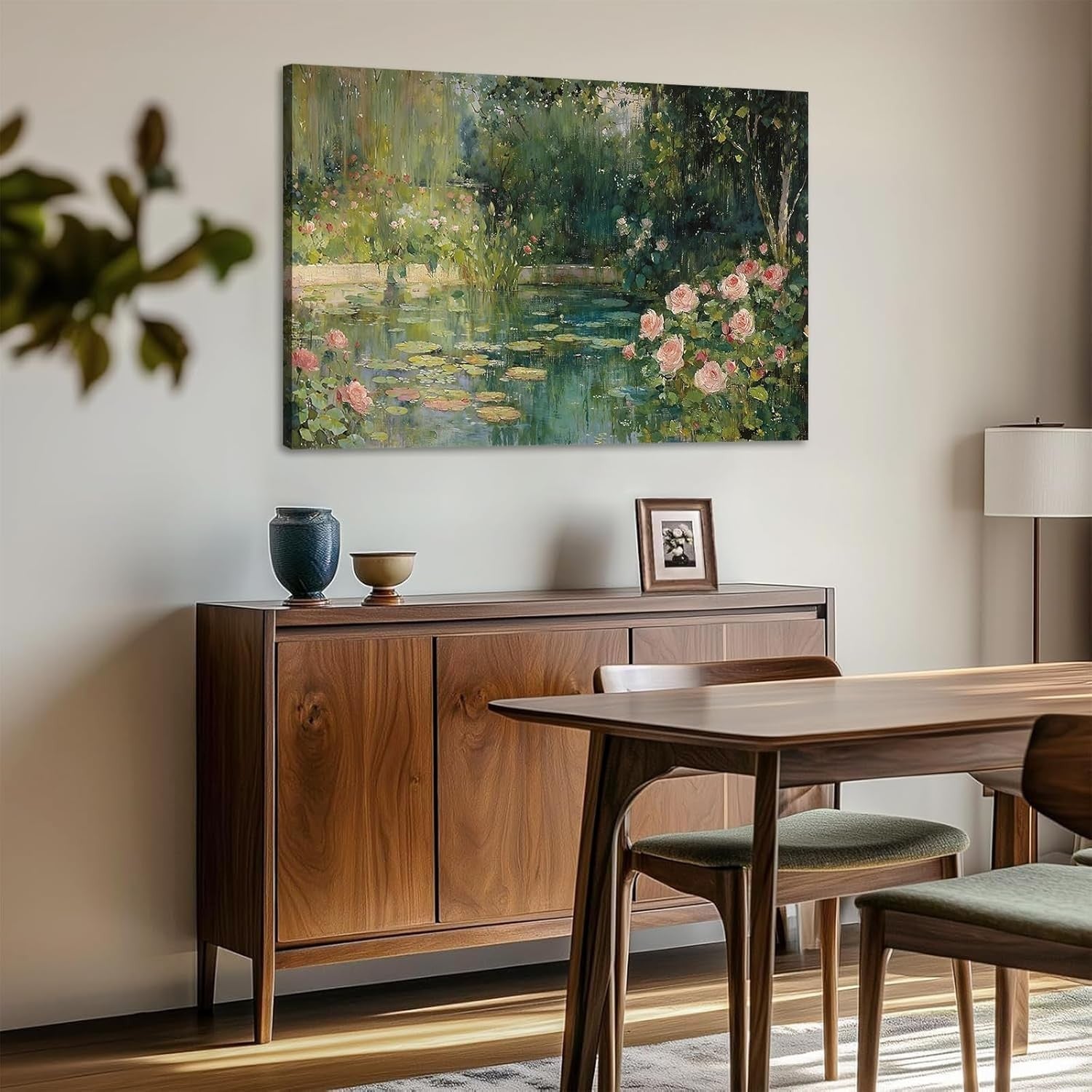 Impressionist Floral Pond Canvas Wall Art Framed Botanical Landscape Decor