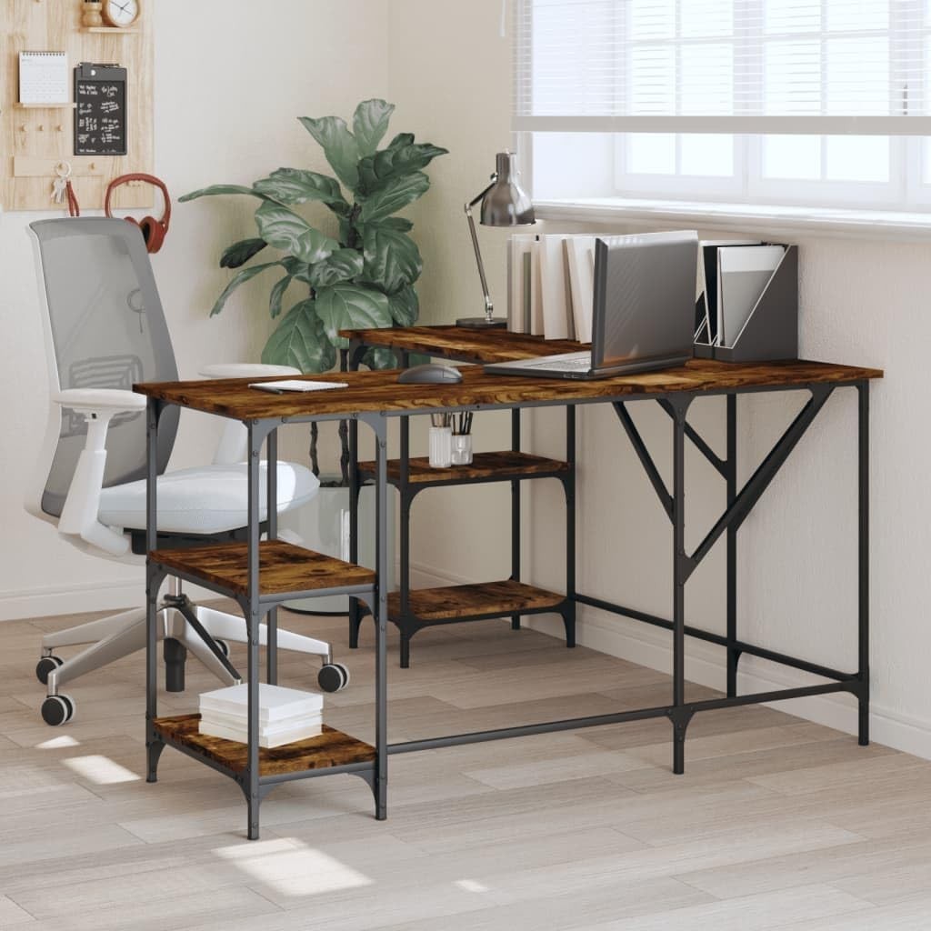 L-Shape Corner Desk with Shelves 139cm Smoked Oak Office Computer Table