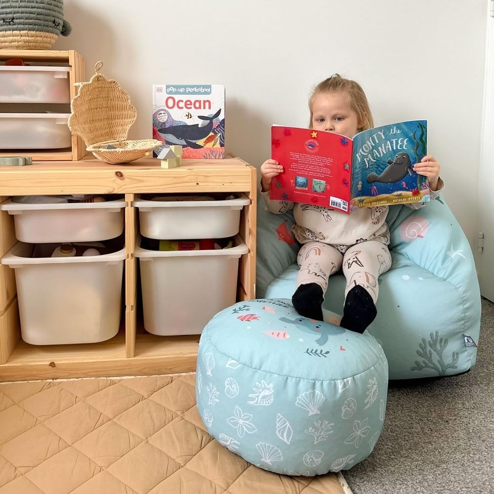 Kids Sea Print Bean Bag Chair Set – Toddler Armchair & Footstool Filled