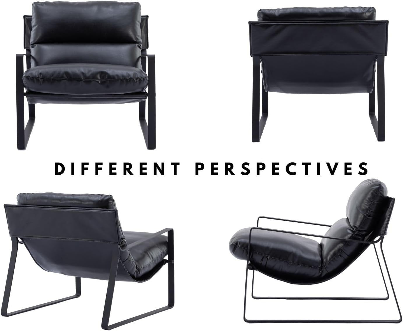 Modern Black Faux Leather Accent Armchair Lounge Chair Metal Frame