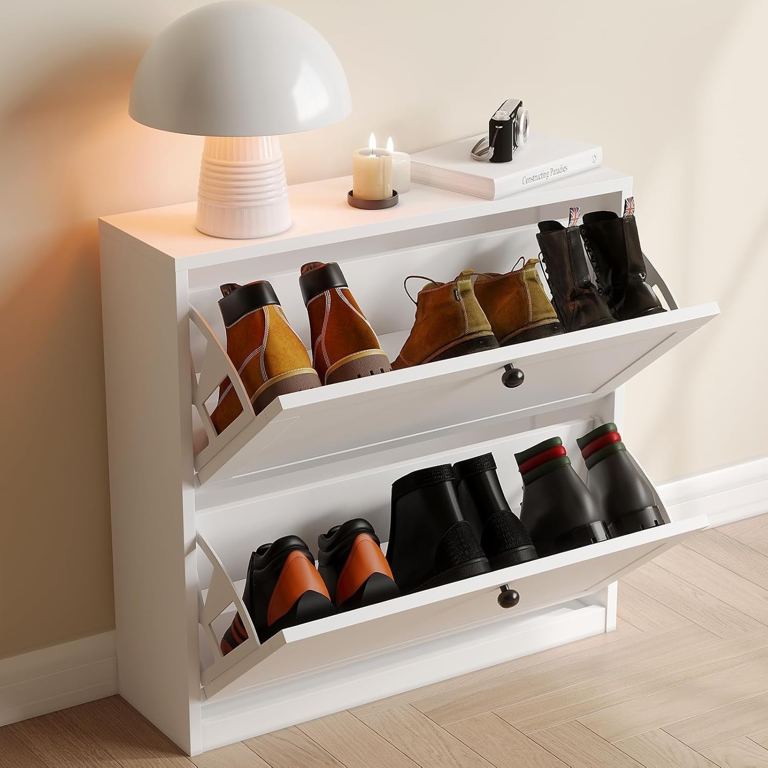 Slim 2-Drawer Vertical Shoe Cabinet with Adjustable Shelves, 80x24x80 cm White