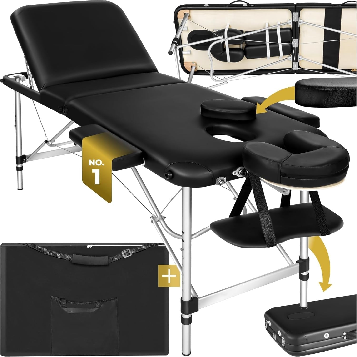 Portable 3 Section Massage Table Foldable Aluminium Beauty Spa Bed 61cm Black