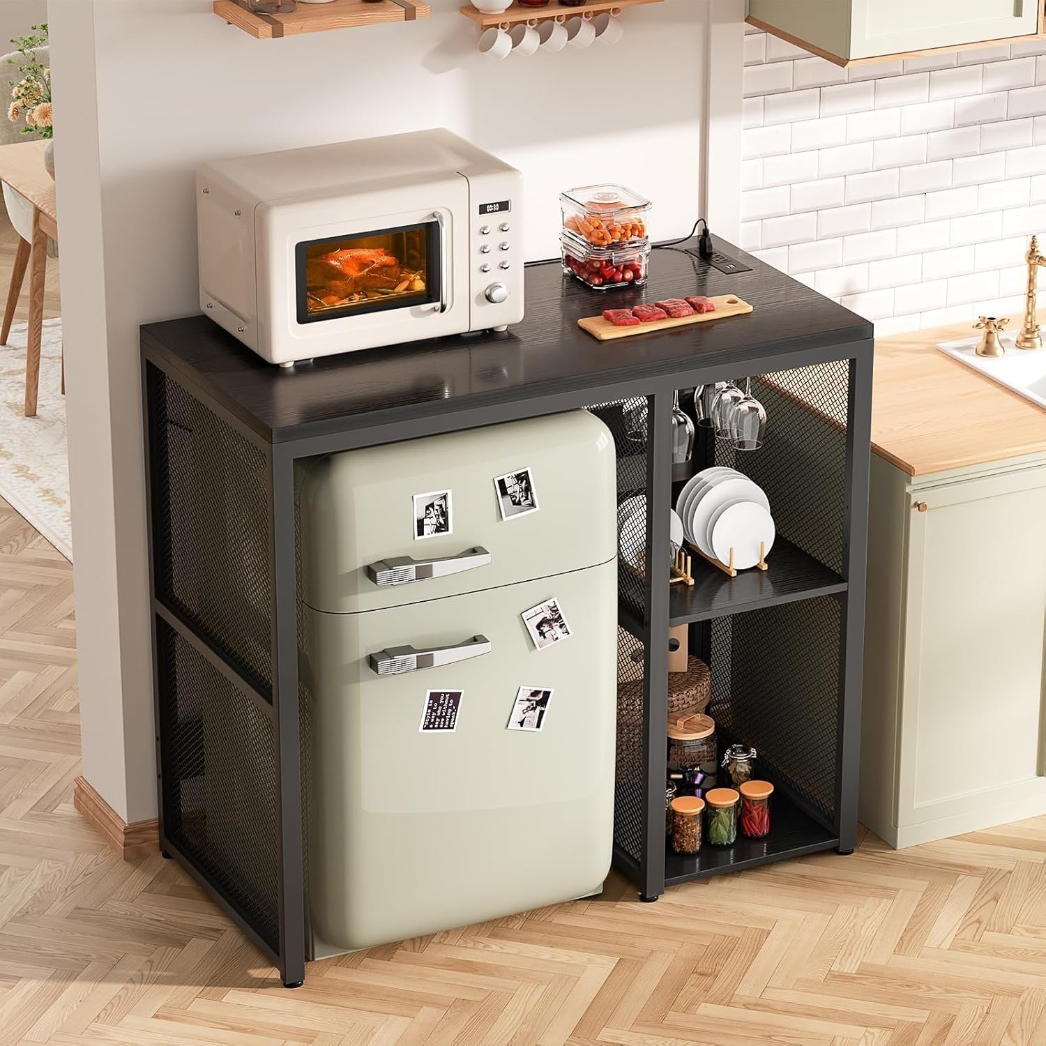 Mini Fridge Stand with Power Outlets Wine Bar Storage Cabinet Black Industrial