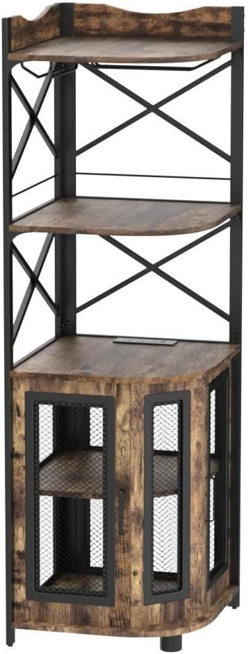 Corner Bar Cabinet with LED Lights & Power Outlets, 5-Tier Rustic Liquor Display