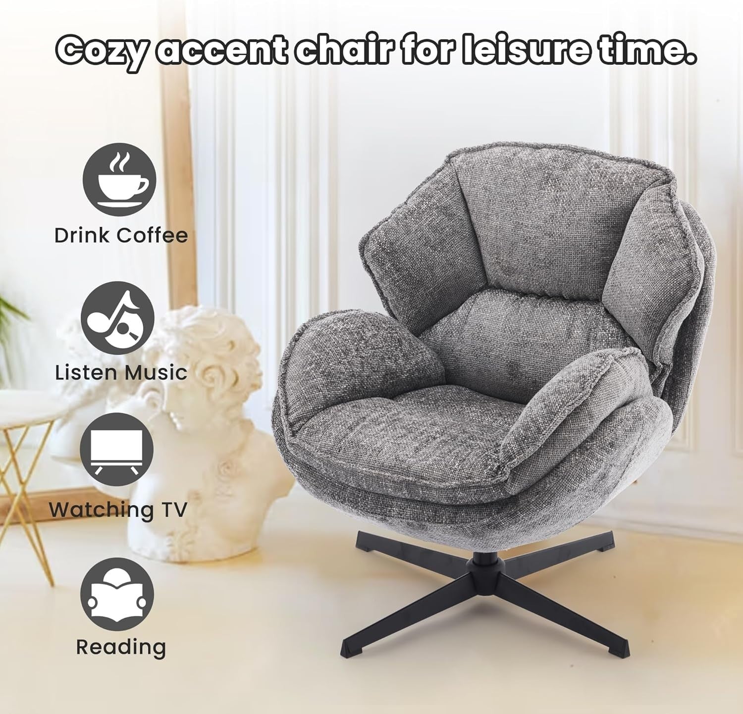 Luxury Swivel Armchair Grey Fabric Accent Chair for Lounge Bedroom Office