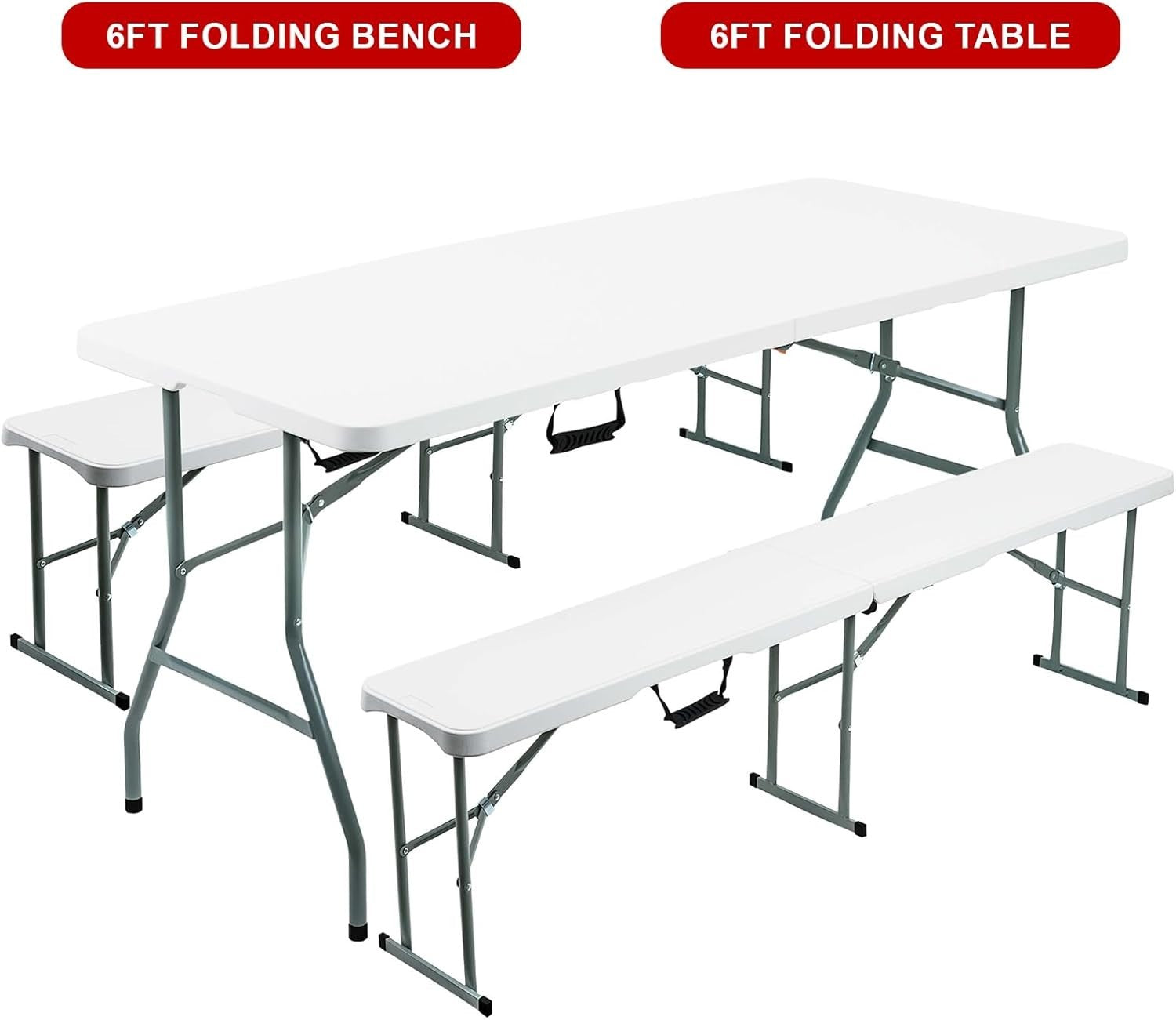 6FT Folding Table & Bench Set, Portable White Indoor/Outdoor Dining