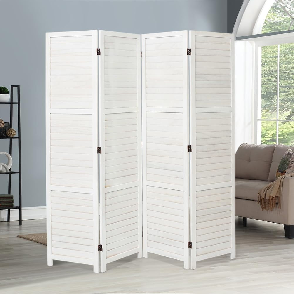 White 4 Panel Wooden Folding Room Divider Privacy Screen for Home Office 170cm