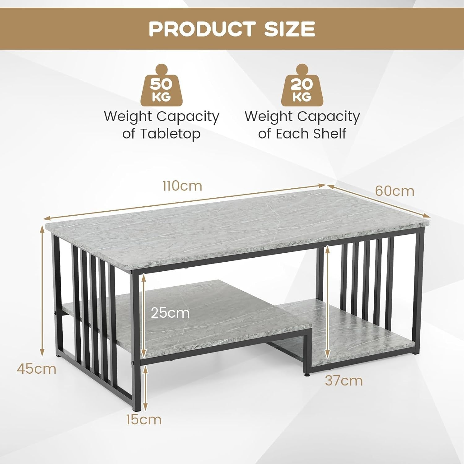 Modern Faux Marble Coffee Table 2-Tier Storage Shelf Rectangular Living Room