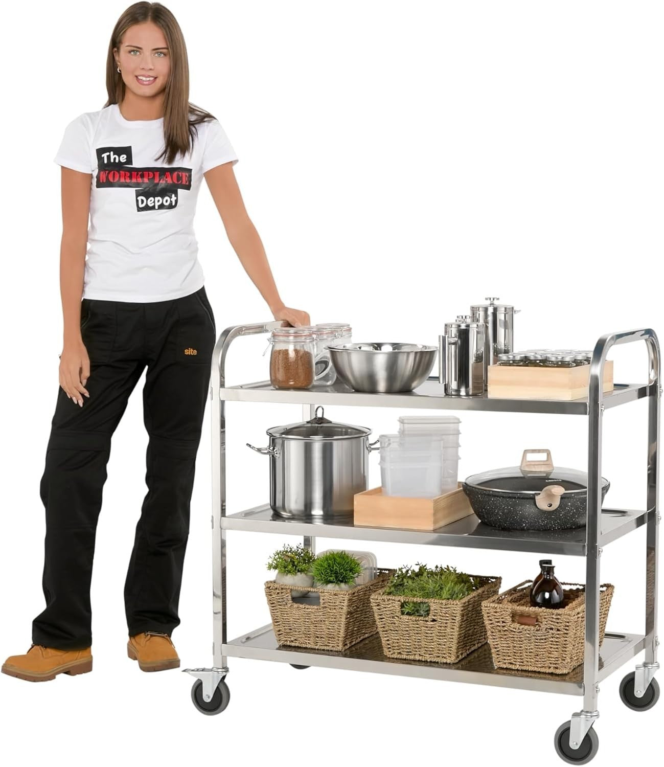 3 Tier Stainless Steel Catering Trolley w/ Locking Castors