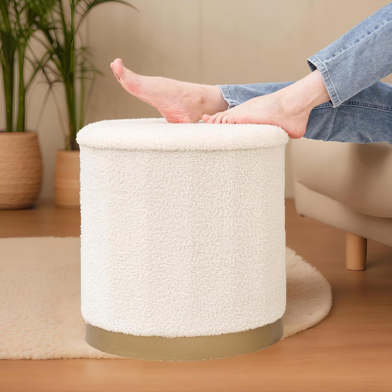White Boucle Large Round Storage Ottoman Foldable Footstool with Tray Lid