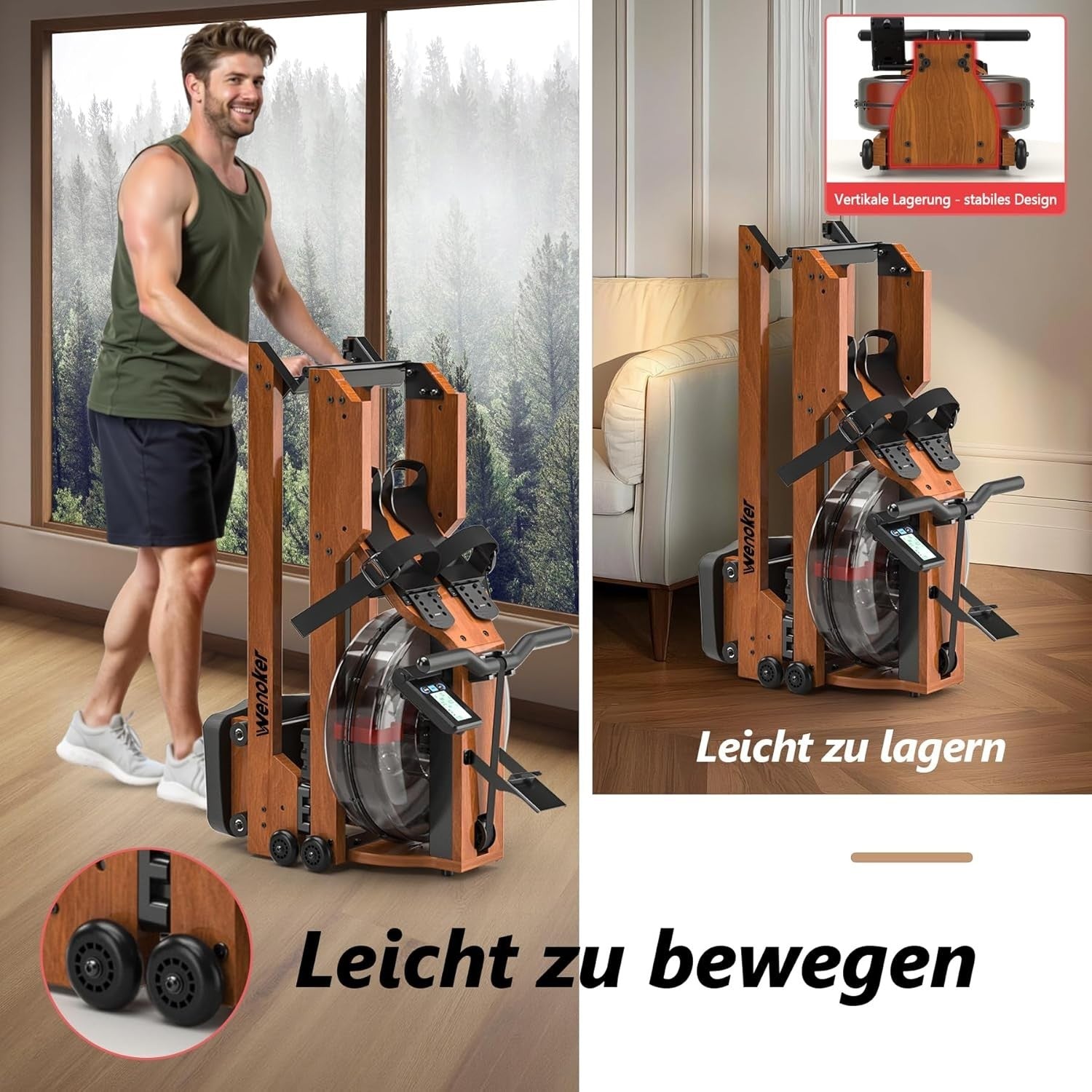 Foldable Wooden Water Rowing Machine Bluetooth LCD Quiet Dual Rail Home Gym