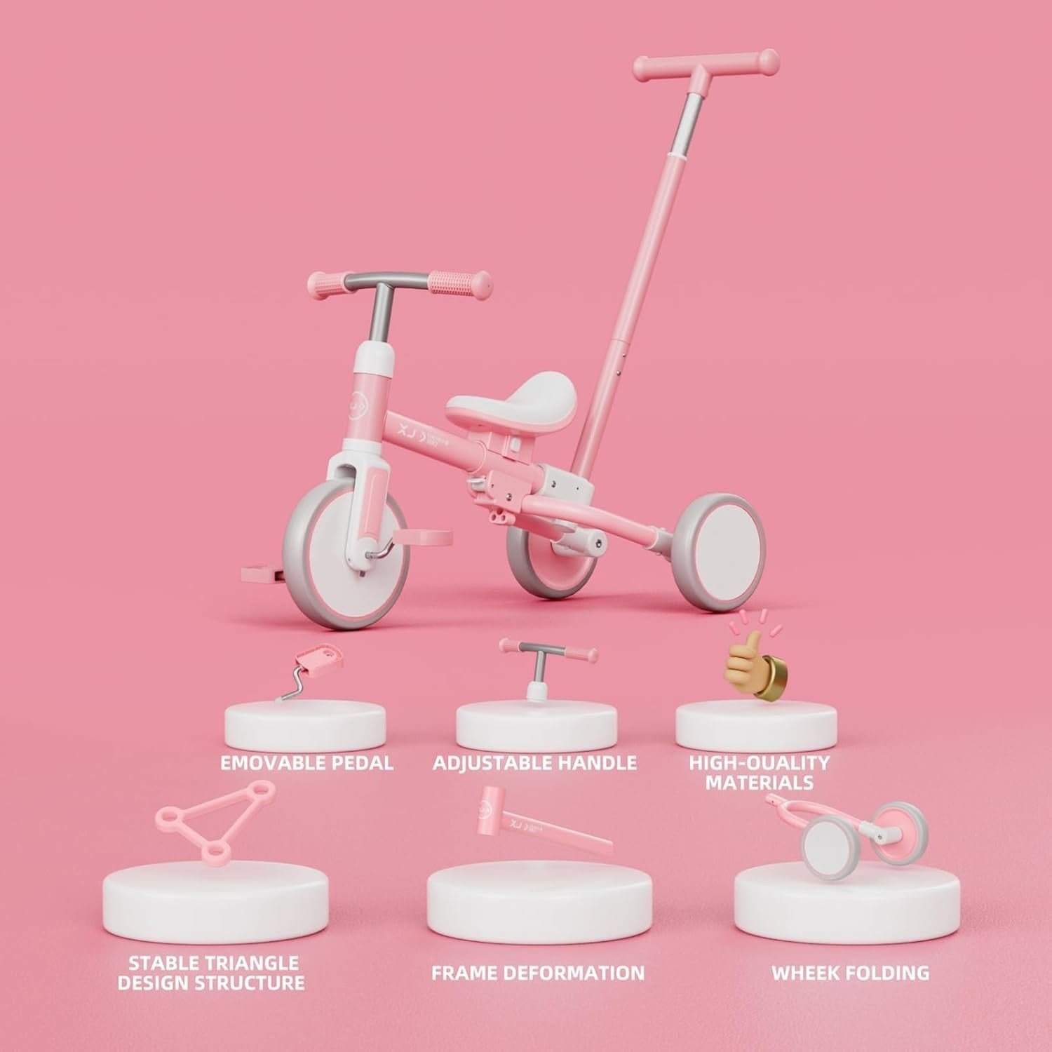 5 in 1 Toddler Tricycle Balance Bike Adjustable Push Handle Pink 1-3Y