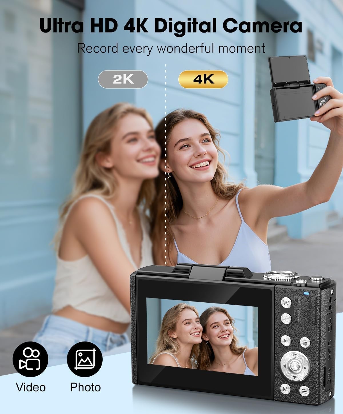 4K 64MP Digital Camera Flip Screen Vlogging Camera 32GB 2 Batteries