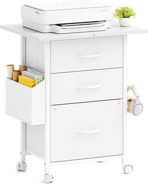 White Mobile File Cabinet 3 Fabric Drawer Rolling Printer Stand