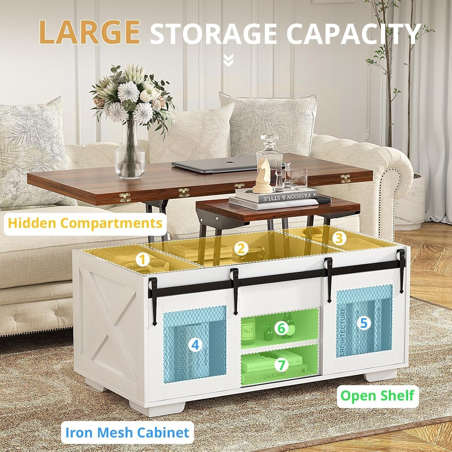 Lift Top Convertible Coffee Table 4-in-1 with Storage & Dining Table Function