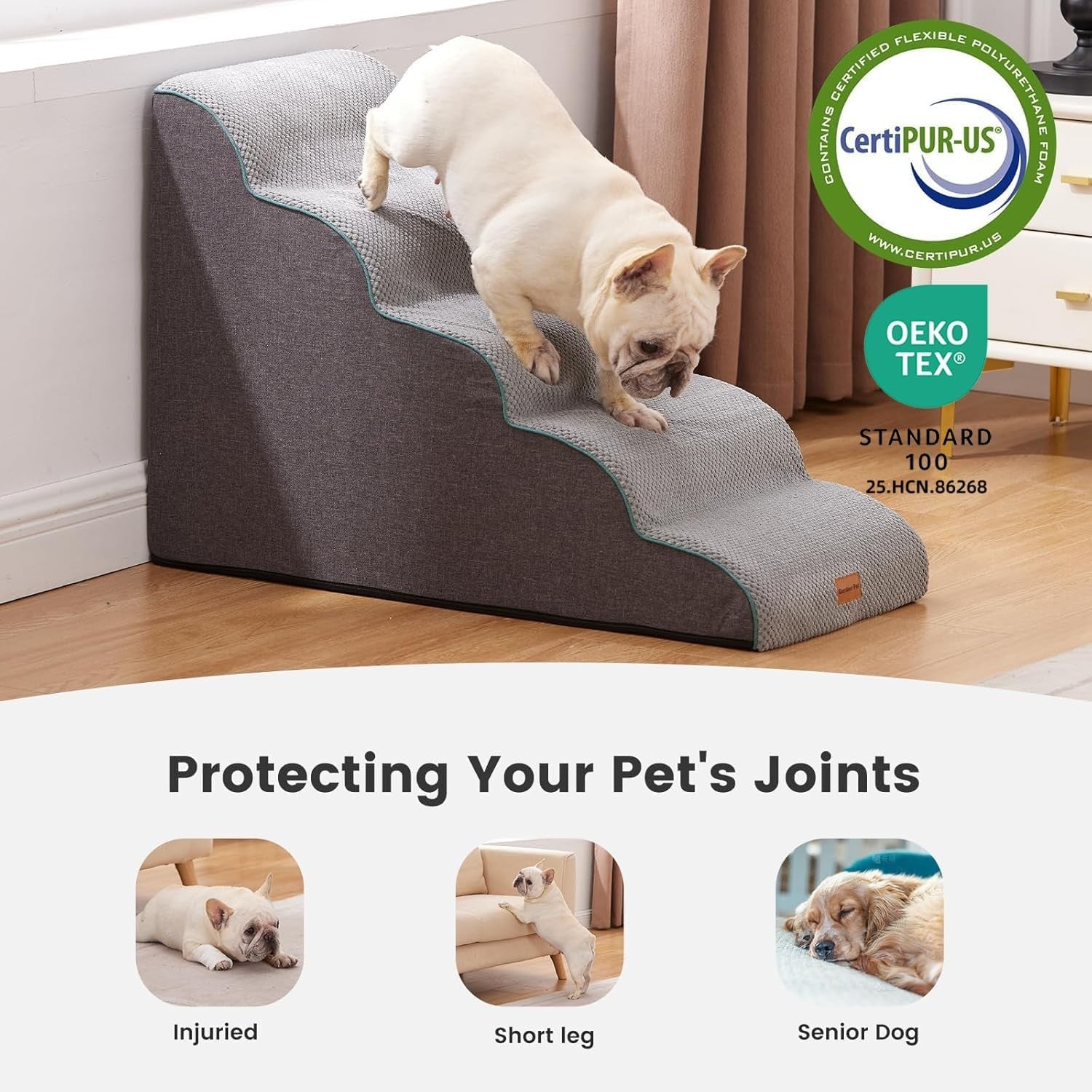 5 Step Dog Stairs Pet Ramp for Bed Sofa Non Slip Washable Grey