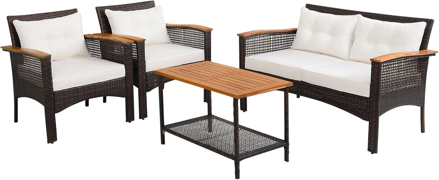 4PC Rattan Garden Lounge Set Loveseat Armchairs Coffee Table Cushioned
