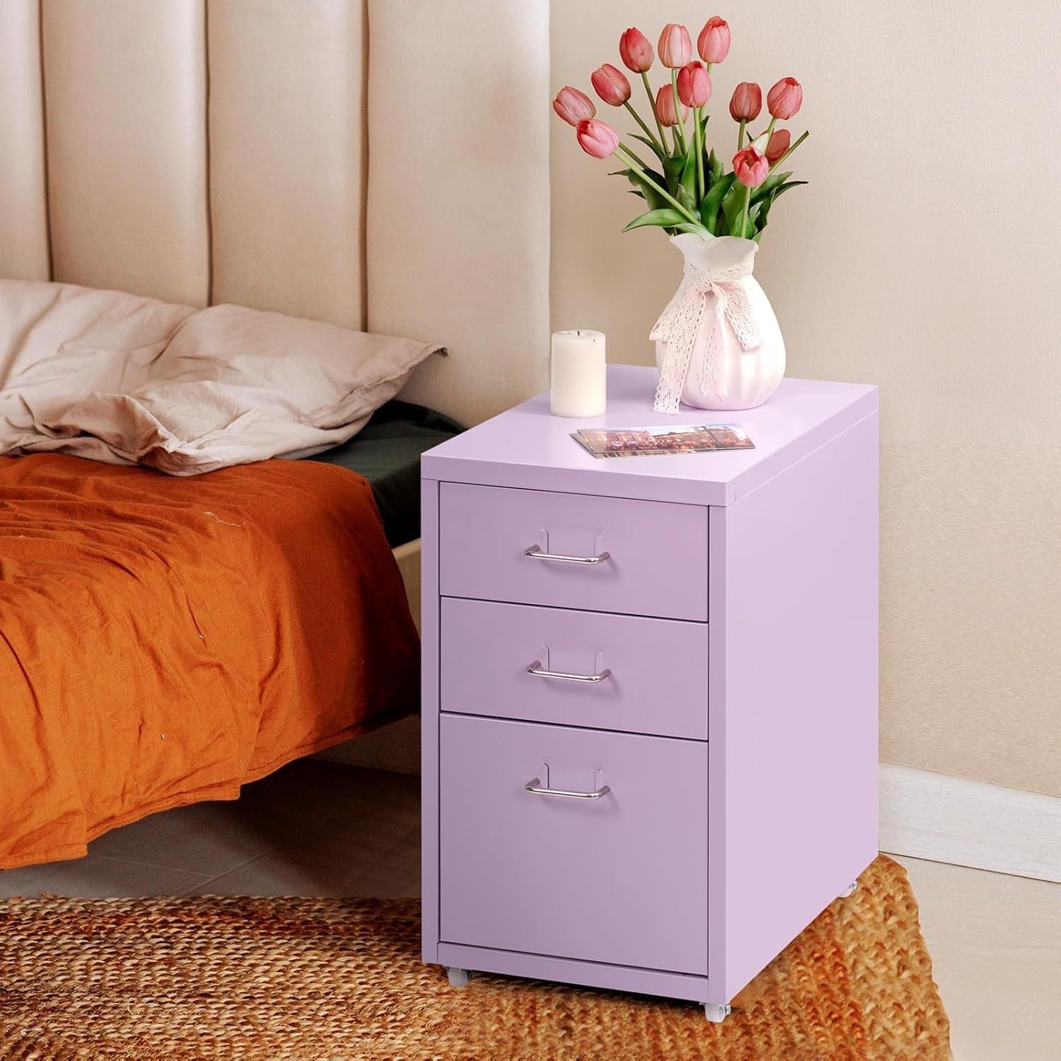 Lavender Metal Rolling Drawer Cabinet 3 Tier Under Desk File Storage