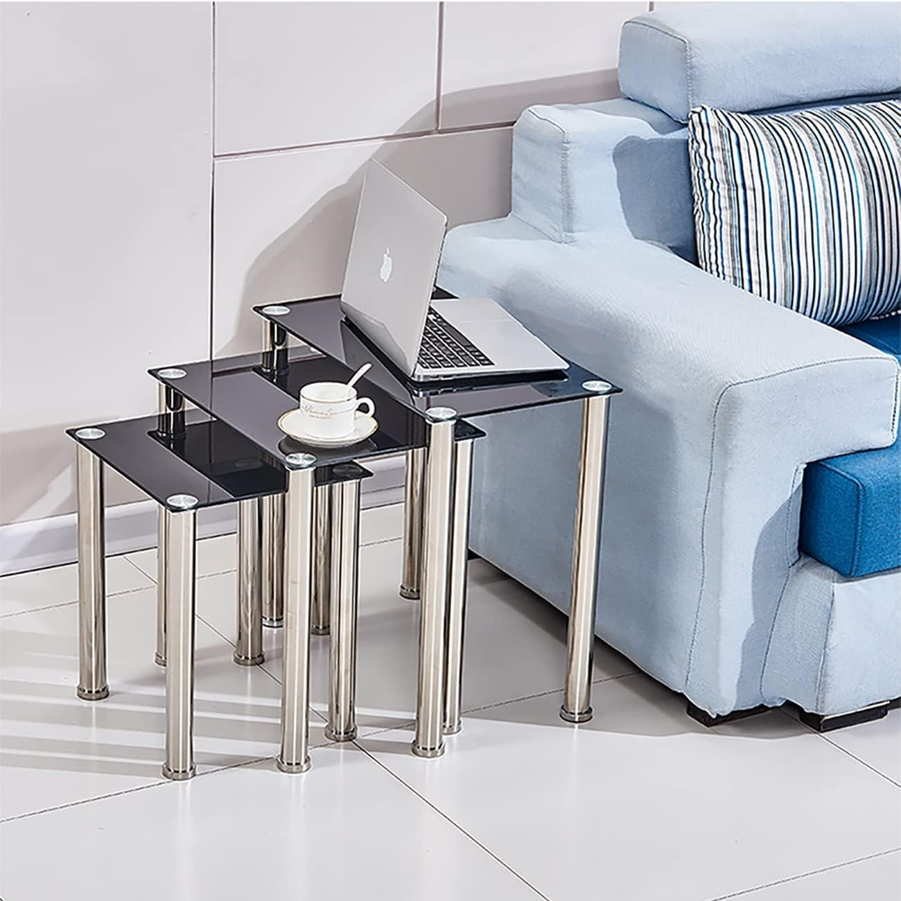 Space Saving Nesting End Side Coffee Tables Black Tempered Glass Metal Frame