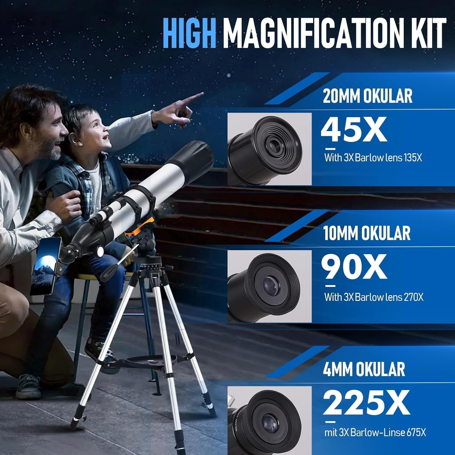 90mm Refractor Telescope for Adults & Kids, 675X Magnification, Tripod