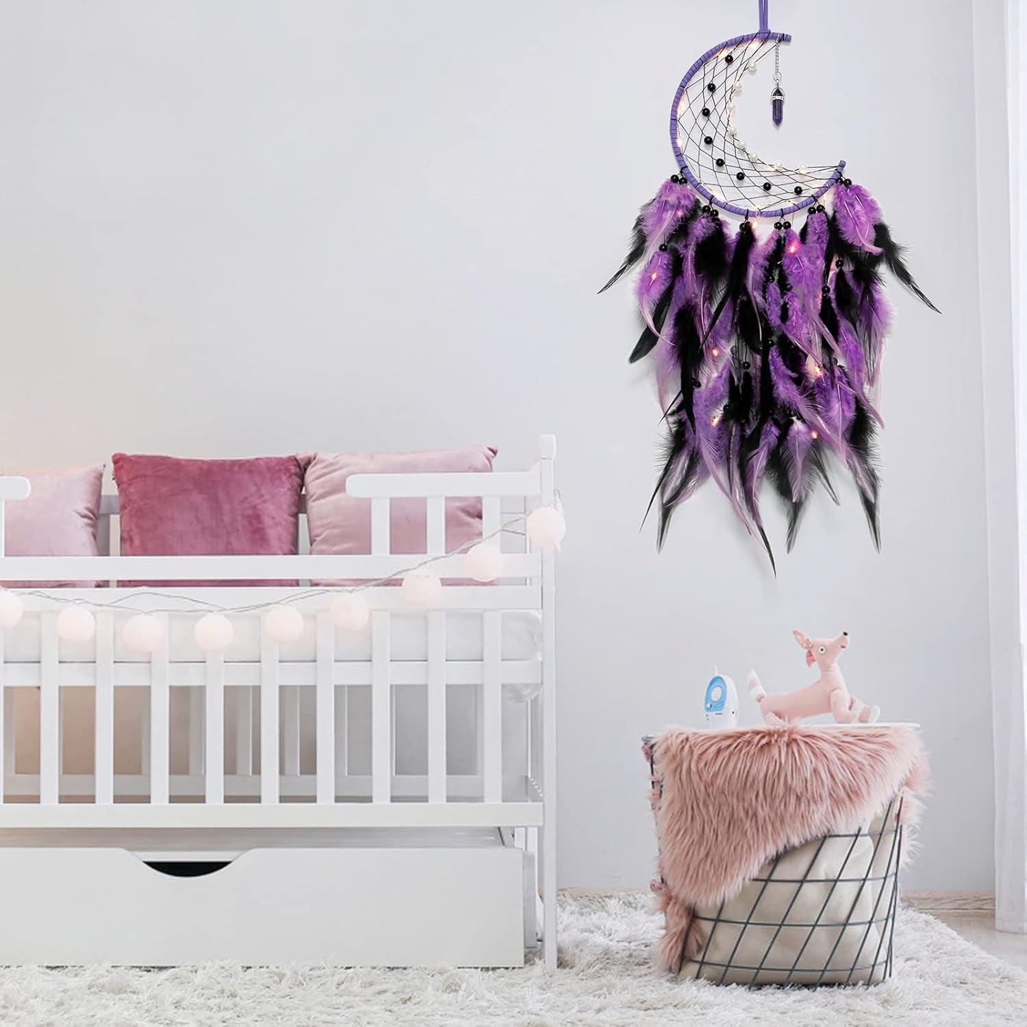 Boho Moon Dream Catcher Purple Black Feathers Fairy Lights Wall Decor