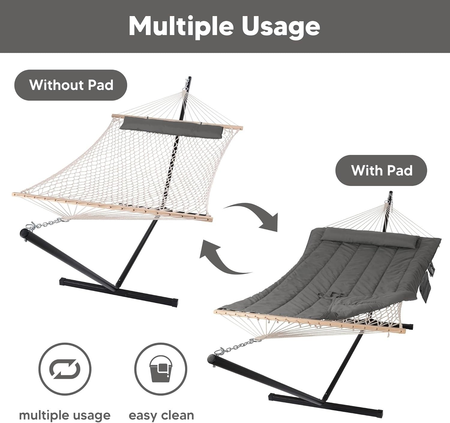 Luxury 2-Person Outdoor Hammock with Stand, Quilted Pad & Pillow – 475lbs