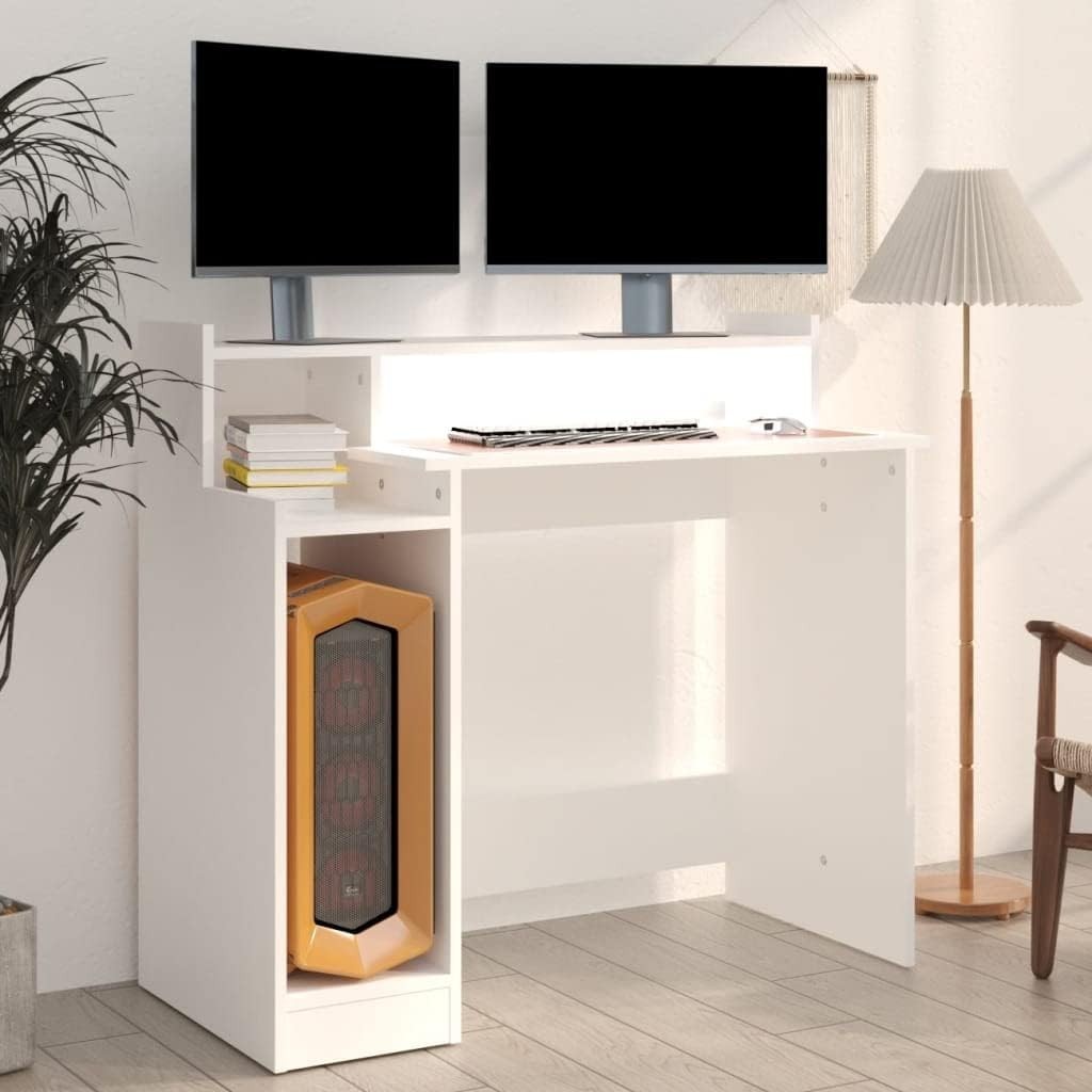 Modern White LED Computer Desk 97x45x90cm Study Writing Table with Drawers