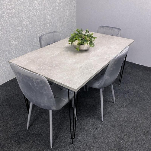 Grey Dining Table Set with 4 Velvet Chairs – Hairpin Legs Modern 4 Seater
