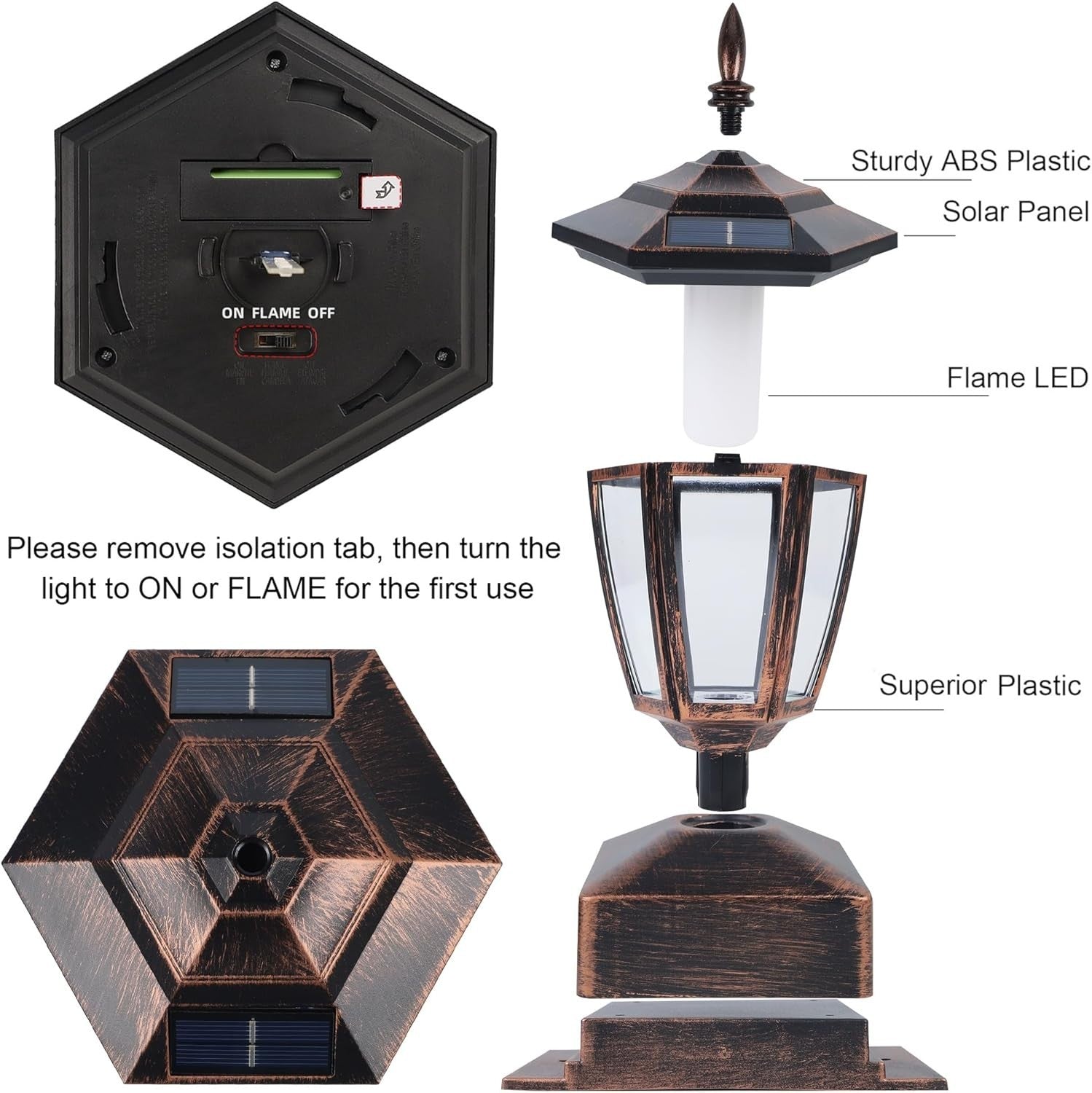 4 Pack Bronze Solar Flame Post Lights LED Outdoor Fence Lanterns