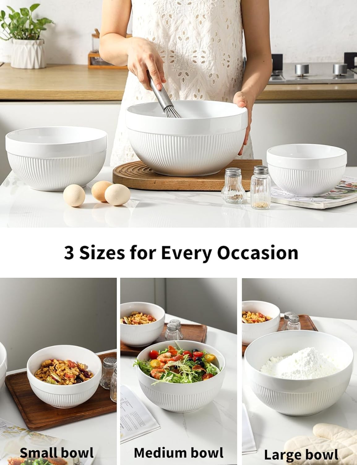 3 Pcs White Ceramic Mixing Bowls Nesting Microwave Oven Safe Set