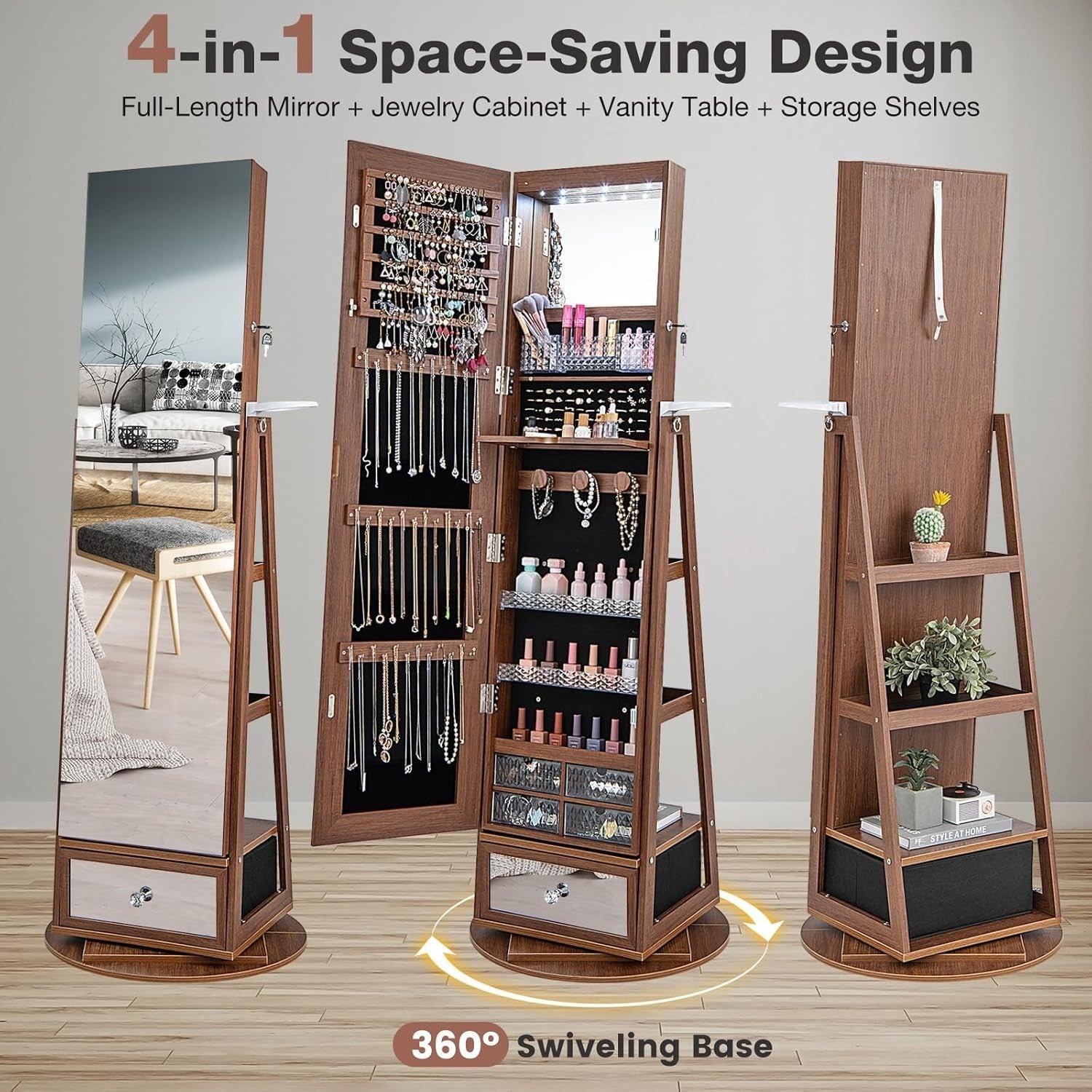 Walnut 360° Swivel LED Jewelry Cabinet Mirror Lockable Storage Organizer