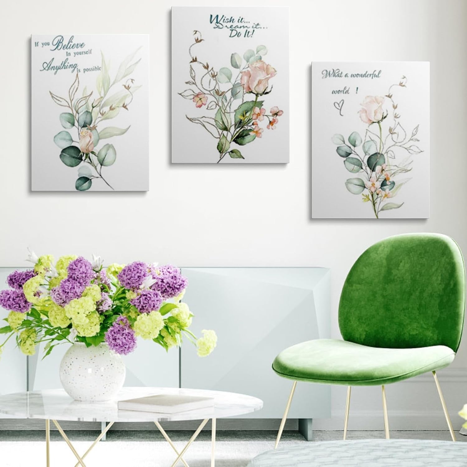 Green Botanical Wall Art Set of 3 Framed Canvas 12x16in