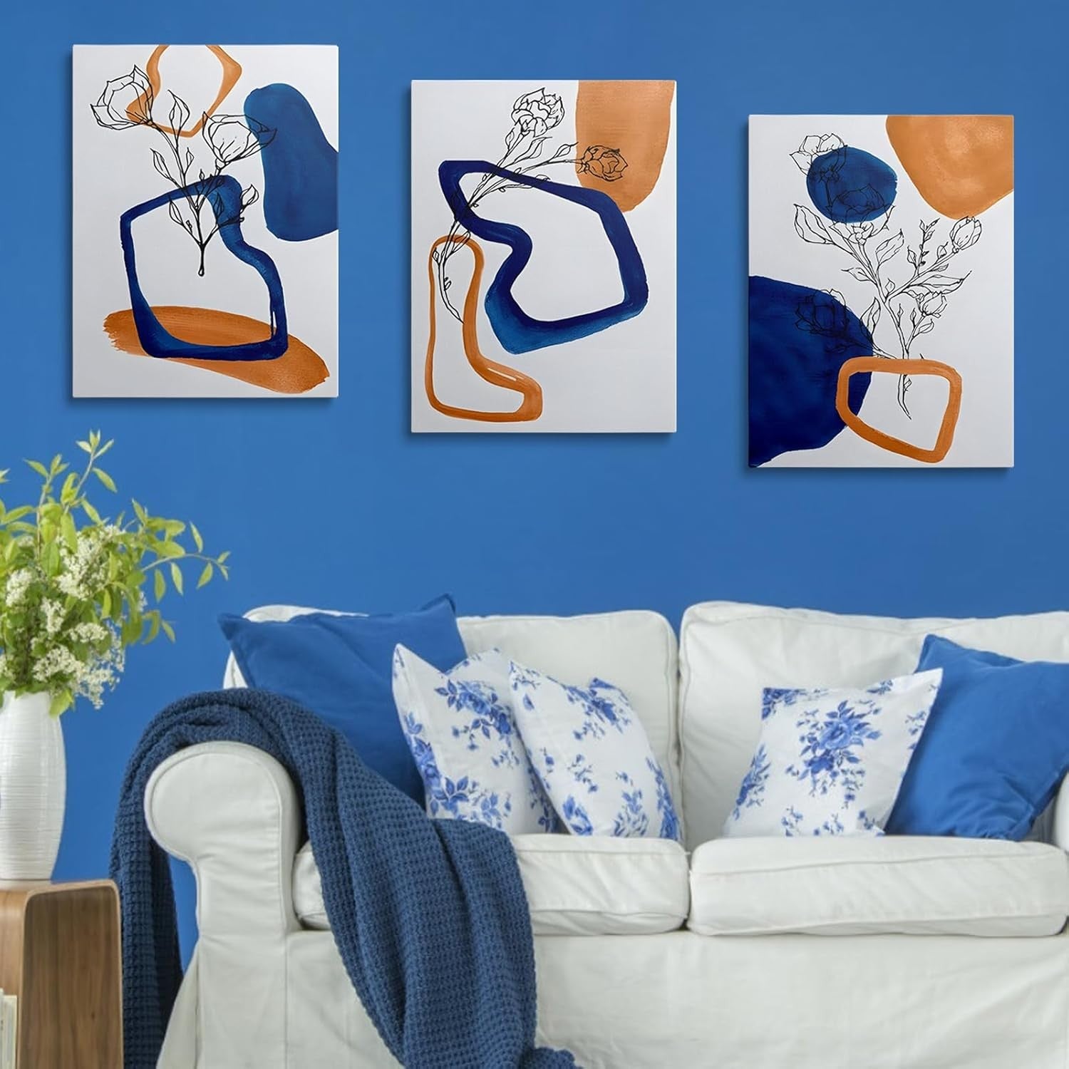 3Pcs Abstract Canvas Wall Art – Navy Blue & Gold Modern Boho Decor